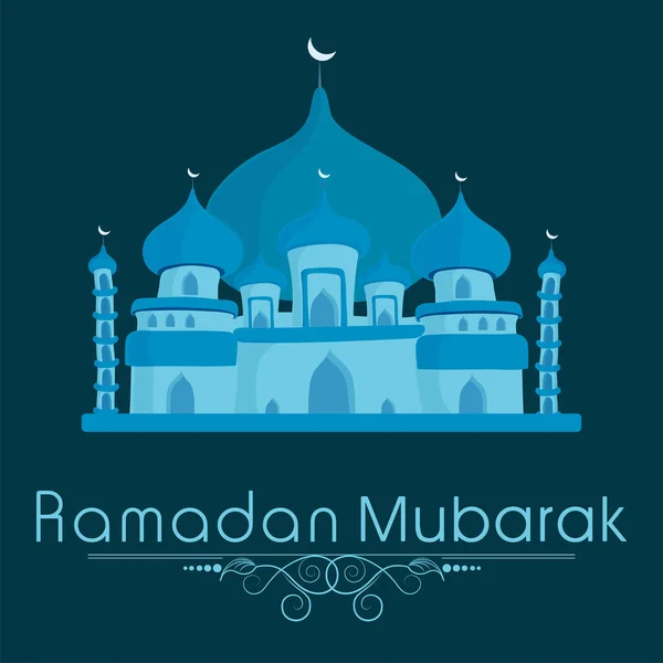 Ramadan Mubarak Lettertype Met Blauwe Moskee Illustratie Teal Achtergrond — Stockvector