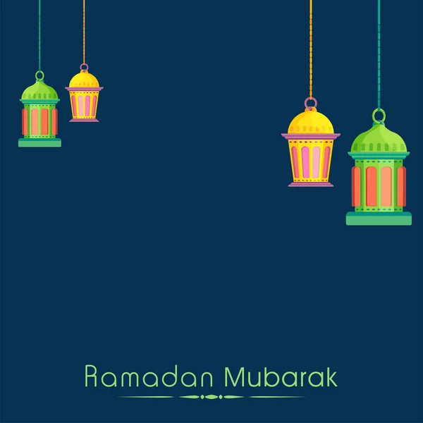 Conceito Ramadan Mubarak Com Lanternas Árabes Brilhantes Pendurar Fundo Azul — Vetor de Stock