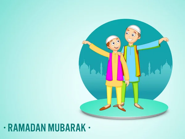 Conceito Celebração Ramadan Mubarak Com Meninos Alegres Islâmicos Silhueta Turquesa — Vetor de Stock