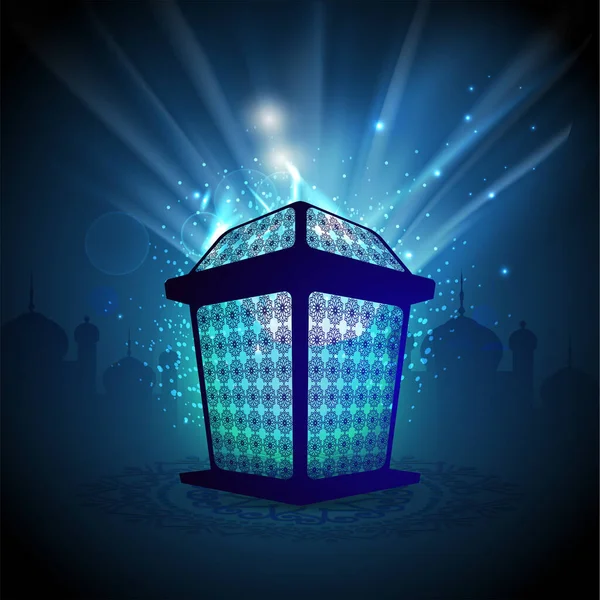 具有光效的蓝色轮廓清真寺背景和穆斯林社区节日的阿拉伯灯笼概念 — 图库矢量图片