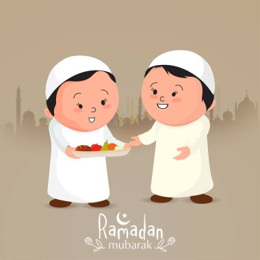 Ramazan Mübarek Yazı Tipi ve İslami Genç Çocuk Kahverengi Siluet Camii Geçmişinde Başka Bir Kişi 'ye Meyve Veriyor.