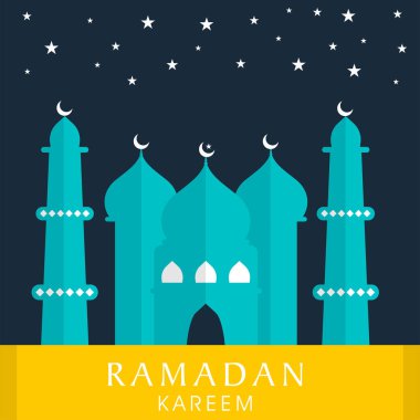 Cami Resimli Ramazan Kareem Yazı Tipi, Mavi ve Sarı Arkaplanlı Yıldızlar.