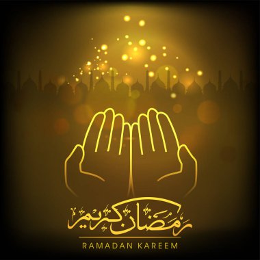 İslami İnsan Elleriyle Ramazan Kaligrafisi ve Kahverengi Siluet Camii 'nin Geçmişi Üzerine Bokeh Efekti.