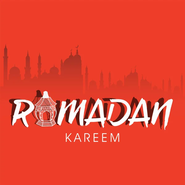 Λευκή Γραμματοσειρά Ramadan Kareem Laser Cut Lantern Κόκκινο Φόντο Τζαμιού — Διανυσματικό Αρχείο