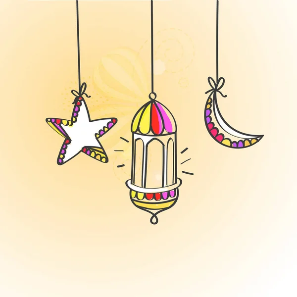 ドードルスタイルのアラビア提灯を持つイスラム教徒コミュニティフェスティバルのコンセプト 星はパステルオレンジの背景にハングアップします — ストックベクタ