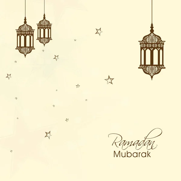 Ramadan Mubarak Wenskaart Versierd Met Lantaarns Hangen Sterren Beige Achtergrond — Stockvector