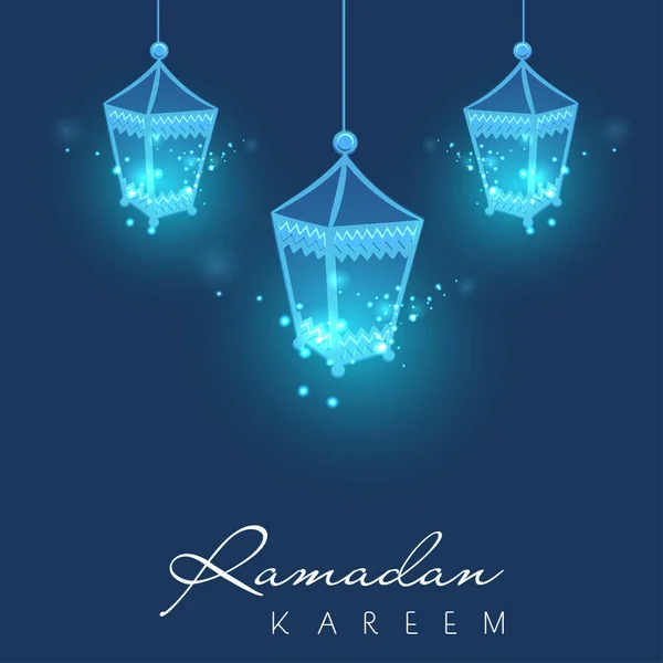 Ramadan Kareem Koncepce Oslavy Efektem Světla Lucerny Visí Modrém Pozadí — Stockový vektor