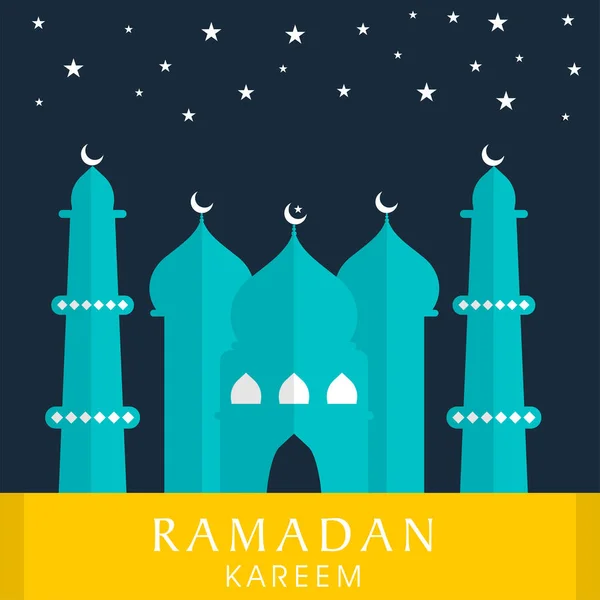 Ramadan Kareem Font Mosque Illustration Stars Decorated Blue Yellow Background — Stock Vector