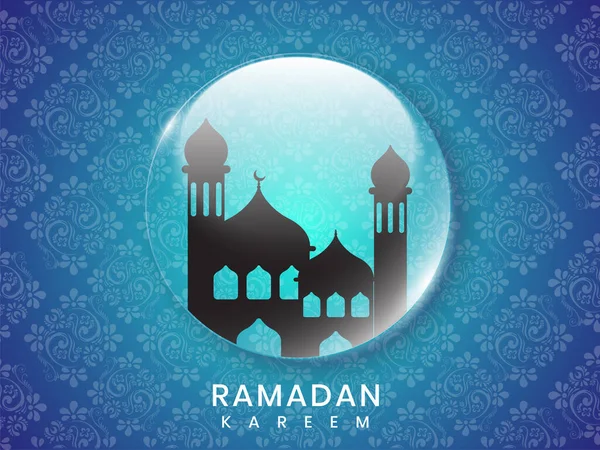 バブルの中のモスクや青いダマスクパターン上のガラス球とラマダーンケレムの概念背景 — ストックベクタ