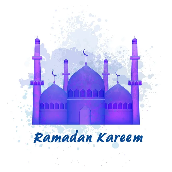 Ramadan Kareem Fuente Con Mezquita Púrpura Efecto Salpicadura Sobre Fondo — Vector de stock