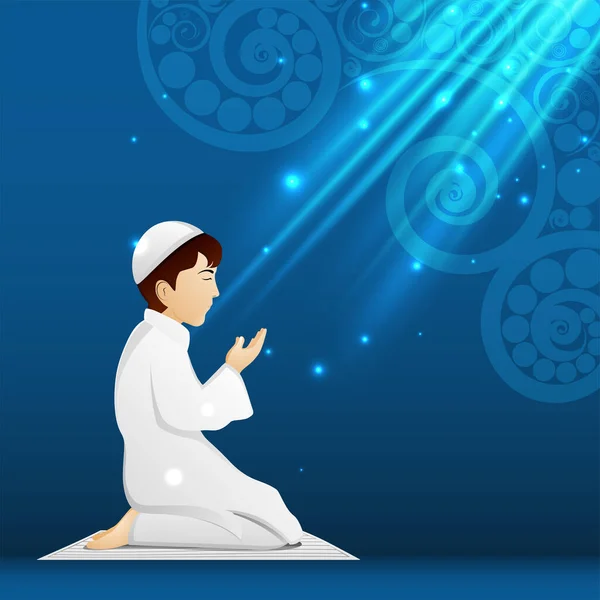 Muslim Community Festival Concept Islamic Young Boy Praying Mat Blue - Stok Vektor