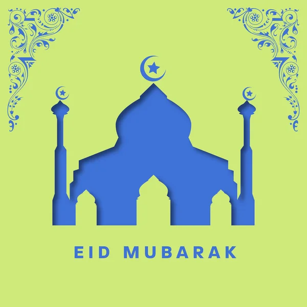 Eid Mubarak Ευχετήρια Κάρτα Χαρτί Κομμένα Τζαμί Και Ανθίζουν Μπλε — Διανυσματικό Αρχείο