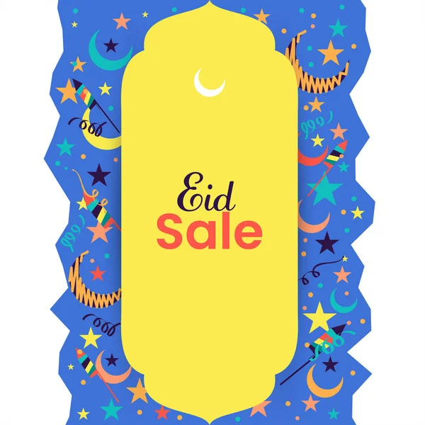 Eid Sale Poster Design Crescent Moon Stars Fireworks Rockets Confetti — стоковий вектор