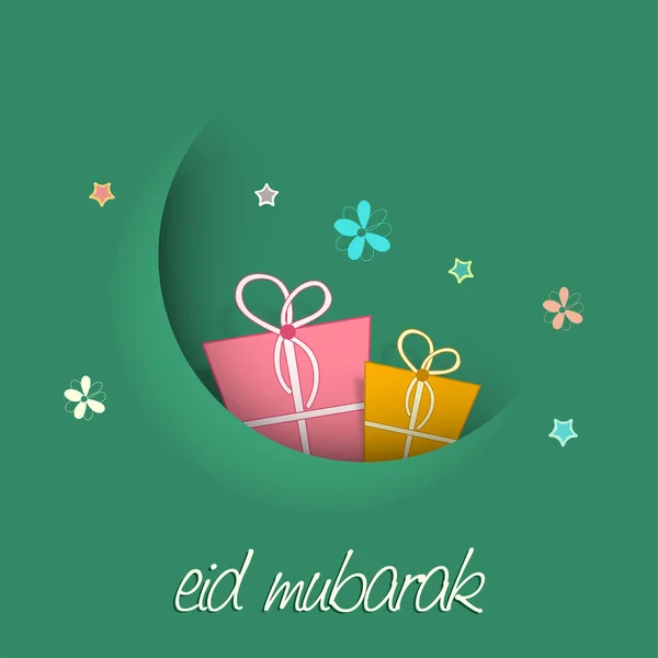 Eid Mubarak Blahopřání Papírem Půlměsíc Dárkové Krabice Hvězdy Květiny Zdobené — Stockový vektor