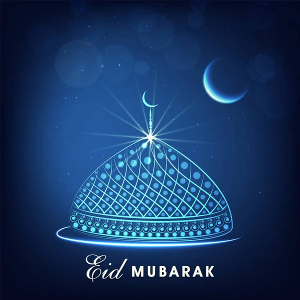 Eid Mubarak Font Mosque Dome Crescent Moon Lights Effect Blue — Stock Vector