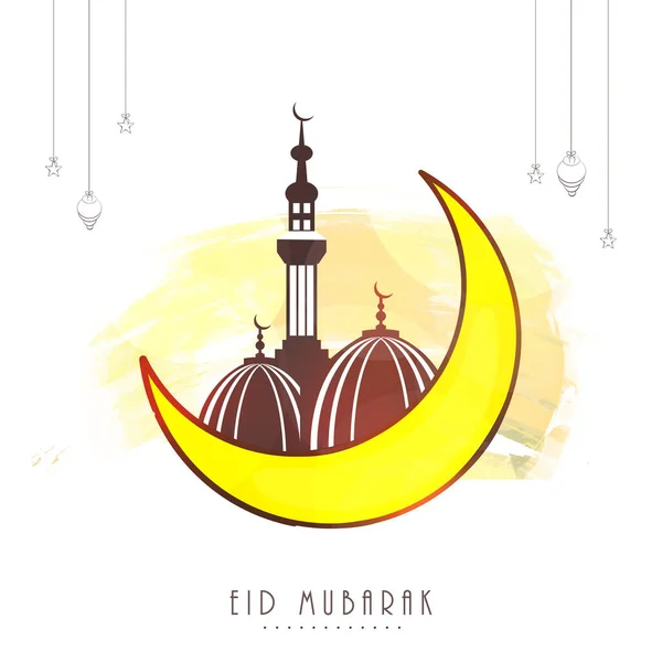 Concepto Eid Mubarak Con Luna Creciente Mezquita Estrellas Linternas Colgantes — Vector de stock