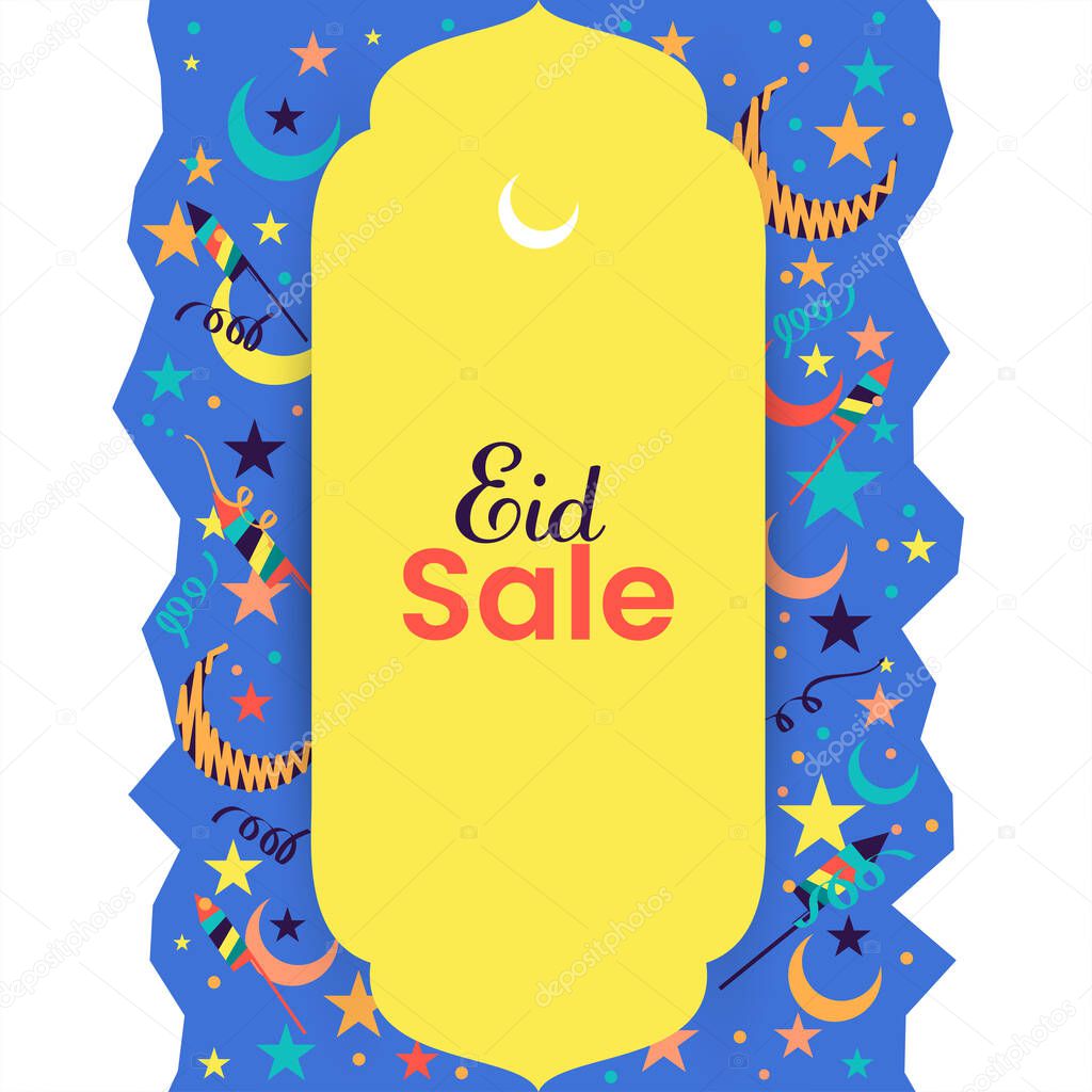 Eid Sale Poster Design With Crescent Moon, Stars, Fireworks Rockets, Confetti Ribbons Decorated On Colorful Background.