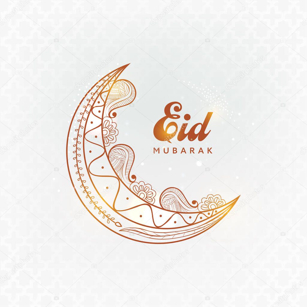 Brown Eid Mubarak Font With Linear Floral Crescent Moon On White Moroccan Pattern Background.