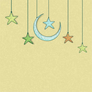 Hilal Ay, Yıldızlarla süslenmiş Sarı Grunge arka planında ve Boşluğu Kopyala.