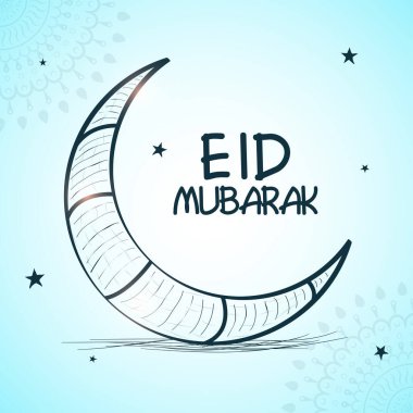 Hilal Ay 'la Mübarek Bayram Yazı Tipi, Parlak Pastel Turkuaz Arkaplanda Yıldızlar.