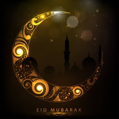 Altın Bayram Mübarek Yazı Tipi Işıklı Hilal Ay 'ı Kahverengi Siluet Camii Arkaplanında Efekt.