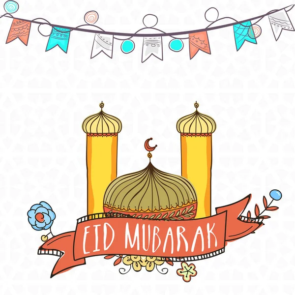 Tarjeta Felicitación Eid Mubarak Con Mezquita Banderas Florales Bunting Decoradas — Vector de stock