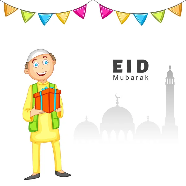 Eid Mubarak Celebration Concept Met Vrolijke Islamitische Man Met Geschenkdoos — Stockvector