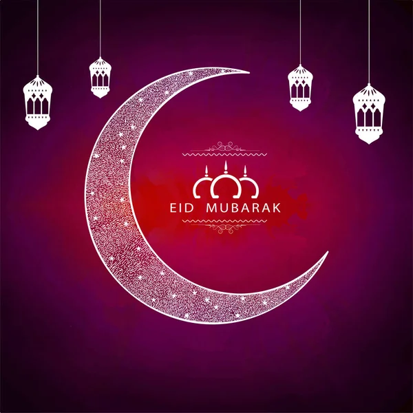 Font Eid Mubarak Con Luna Crescente Stelle Moschea Lanterne Appese — Vettoriale Stock