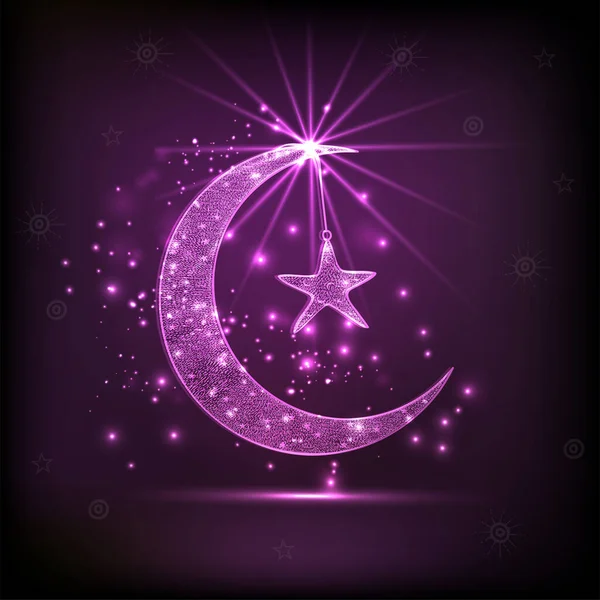 Glittering Crescent Moon Stars Purple Lights Effect Background Islamic Festival — Stock Vector