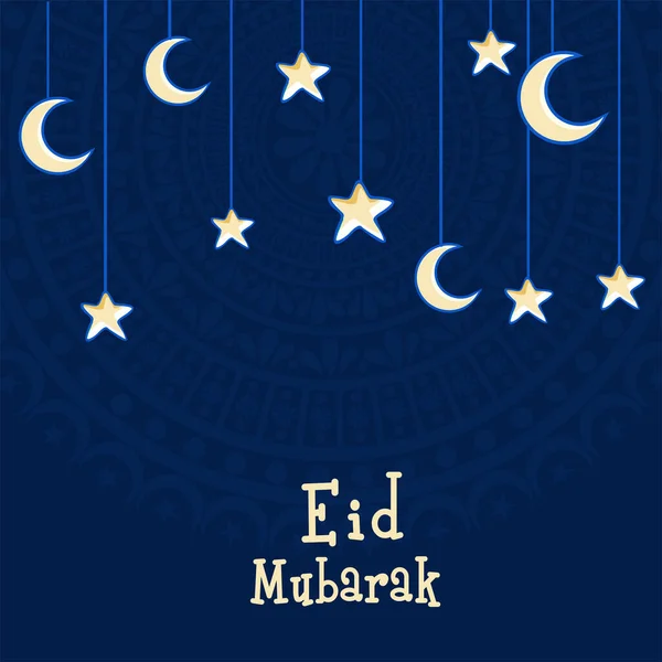 Eid Mubarak Greeting Card Decorated Crescent Moon Stars Hang Blue — ストックベクタ