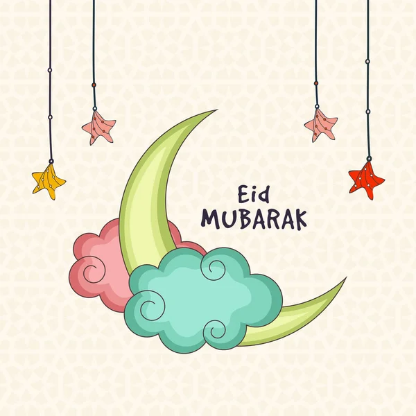 Eid Mubarak Celebration Concept Crescent Moon Clouds Stars Hang Beige — Stock Vector