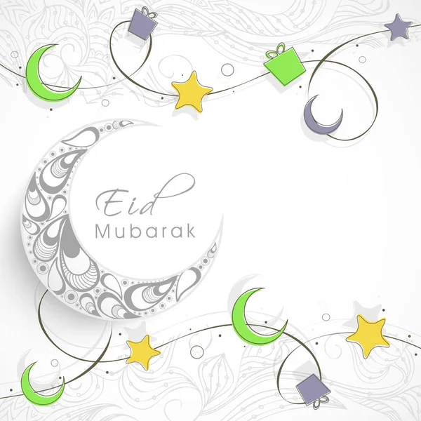 Eid Mubarak Celebration Concept Doodle Style Crescent Moon Stars Gift — Stock Vector