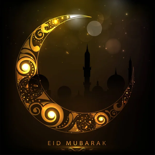 Altın Bayram Mübarek Yazı Tipi Işıklı Hilal Ay 'ı Kahverengi Siluet Camii Arkaplanında Efekt.