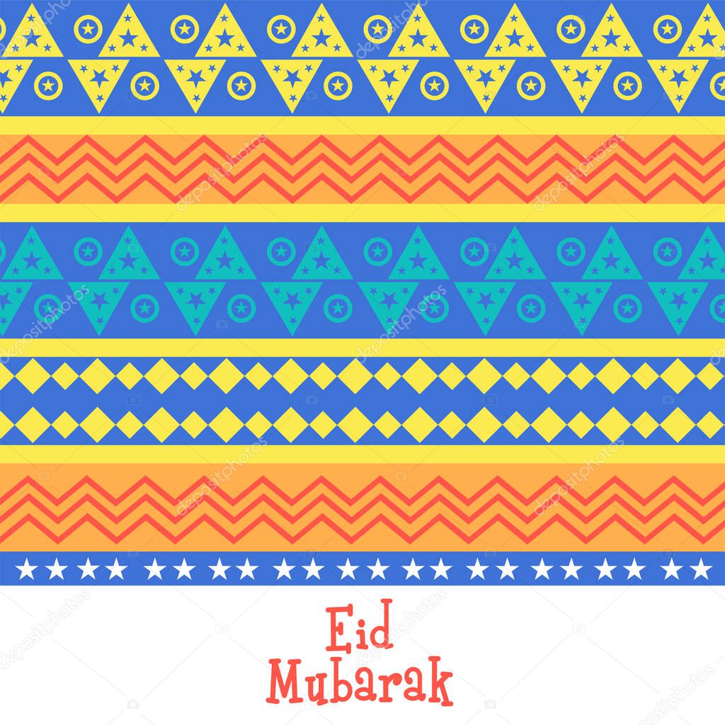Eid Mubarak Font Against Colorful Bunting And Zigzag Lines Pattern Background.