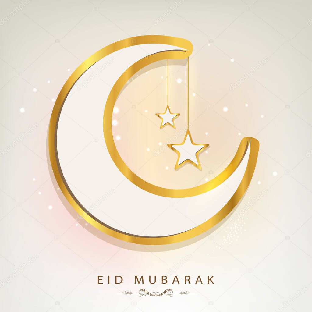 Eid Mubarak Celebration Concept With Crescent Moon, Stars Hang On Glossy Background.