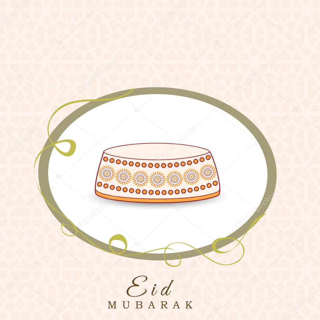 Eid Mubarak Greeting Card With Islamic Cap On White And Pastel Pink Islamic Pattern Background.