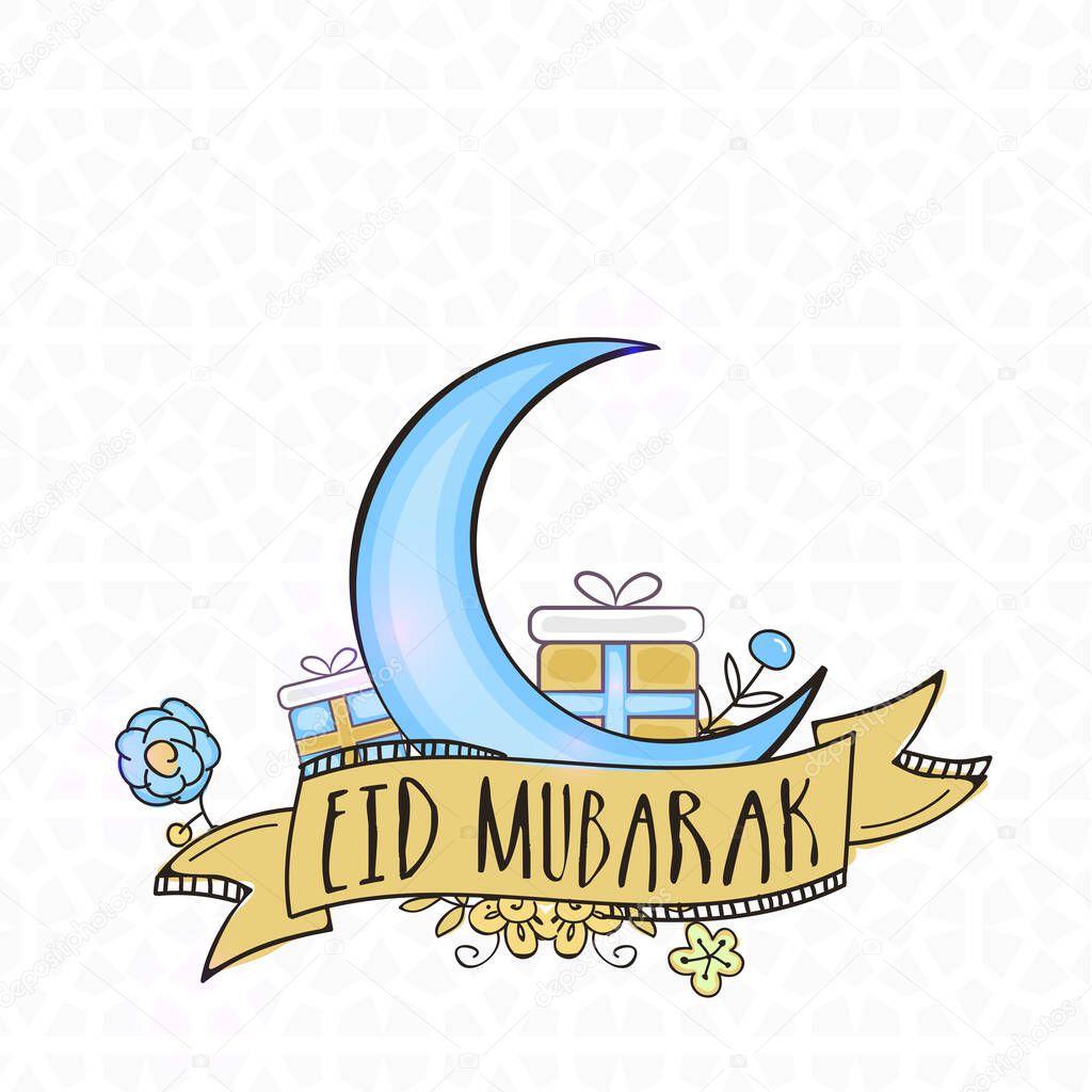 Eid Mubarak Greeting Card With Blue Crescent Moon, Gift Boxes, Floral On White Islamic Pattern Background.