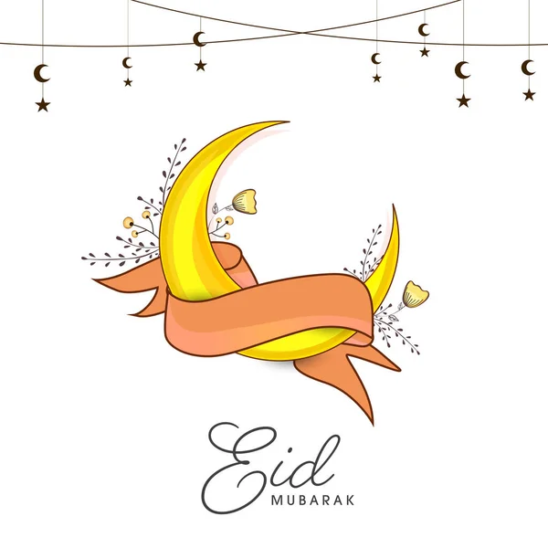 Eid Mubarak Вітальна Картка Півмісяцем Wavy Ribbon Floral Star Decorated — стоковий вектор