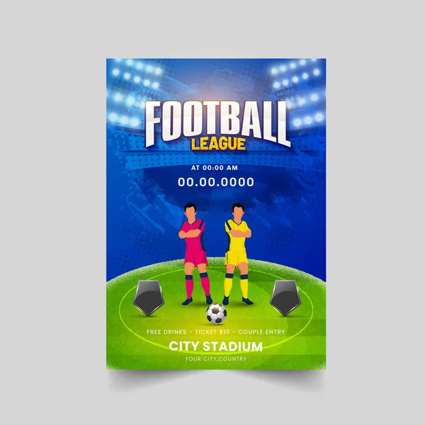 Football League Flyer Design Mit Gesichtslosen Fußballern Der Teilnehmenden Länder — Stockvektor