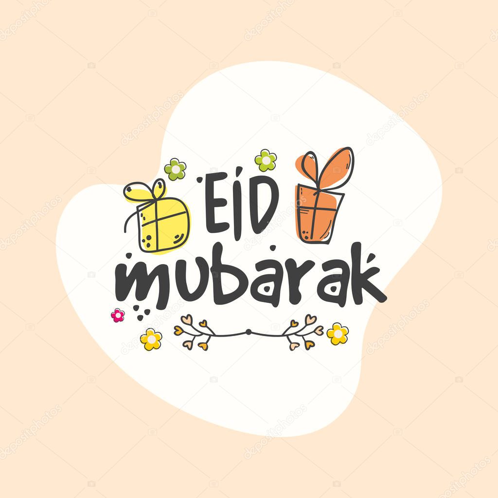 Eid Mubarak Font With Doodle Style Gift Boxes, Floral On White And Peach Background.