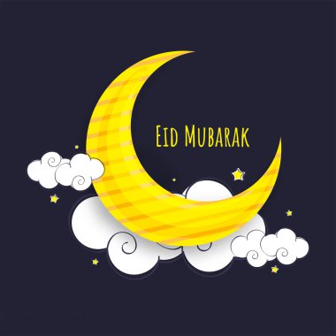Eid Mubarak Greeting Card With Crescent Moon, Stars, Clouds Decorated On Dark Greyish Blue Background. clipart