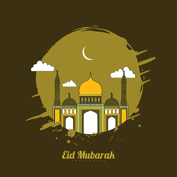 Eid Mubarak Greeting Card Mosque Crescent Moon Clouds Olive Green — Image vectorielle
