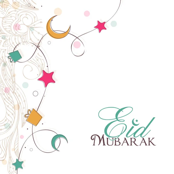 Eid Mubarak Greeting Card Decorated Flat Crescent Moon Stars Gift — Image vectorielle