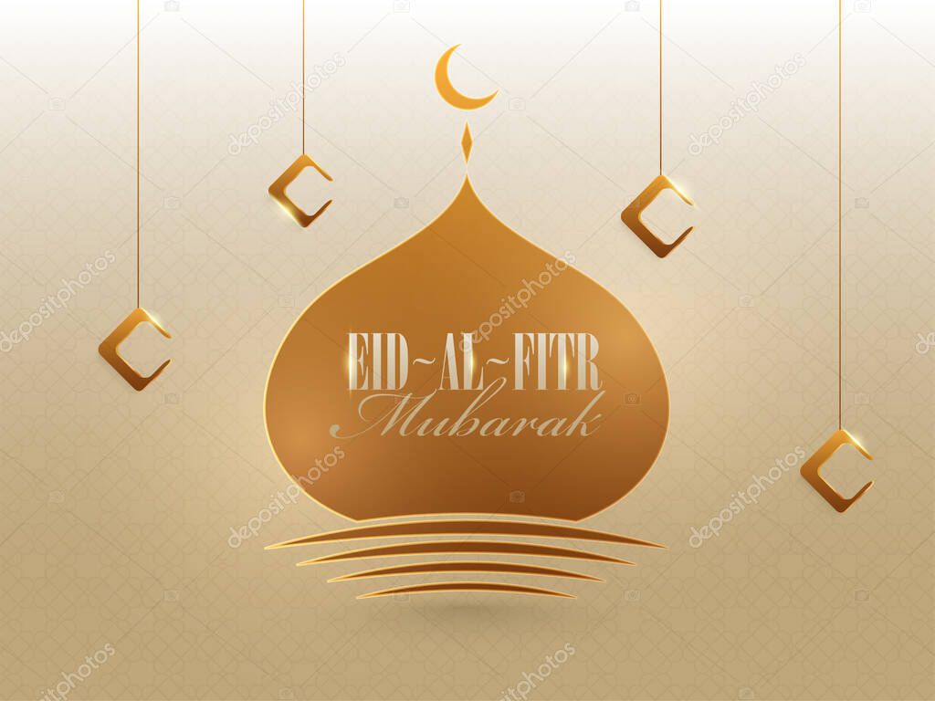 Eid-Al-Fitr Mubarak Celebration Concept With Brown Mosque Dome And Hanging Rhombus Elements On Beige Islamic Pattern Background.