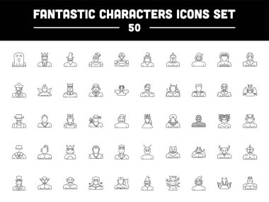 50 Fantastik Karakter Siyah İnce Çizgili Sanat Simgesi