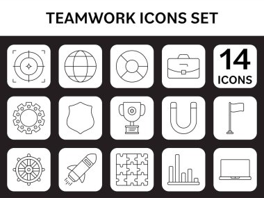 Siyah Doğrusal Biçim 14 Takım Çalışması Simgesi Siyah ve Beyaz Kare Arkaplanda Ayarlandı.