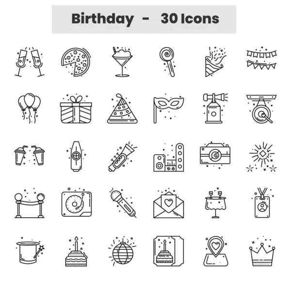Black Line Art Set Birthday Icons Flat Style — Vector de stock