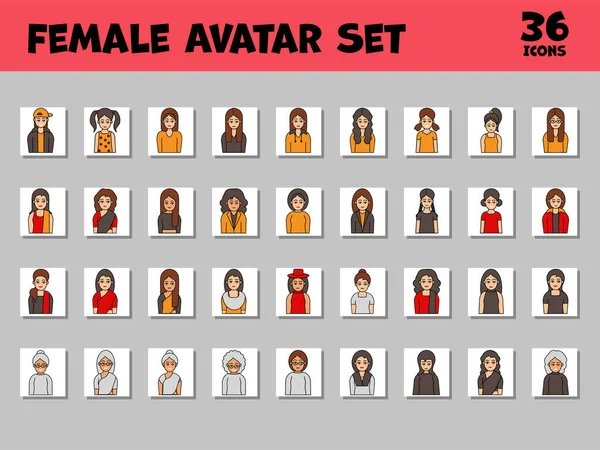 Female Avatar Icon Set Grey White Square Background — стоковый вектор