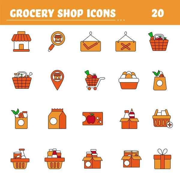 Conjunto Color Naranja Blanco Iconos Tienda Comestibles Estilo Plano — Vector de stock