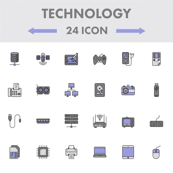 Conjunto Iconos Planos Dispositivos Tecnología Gris Púrpura — Vector de stock